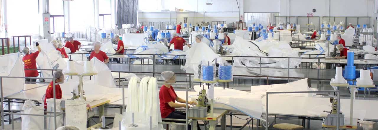 Sewing hall at DIV Trades where big bag seams are sewn with dustproof sealing strips